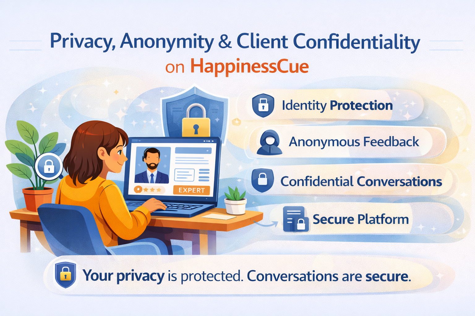 Privacy, Anonymity & Client Confidentiality on HappinessCue
