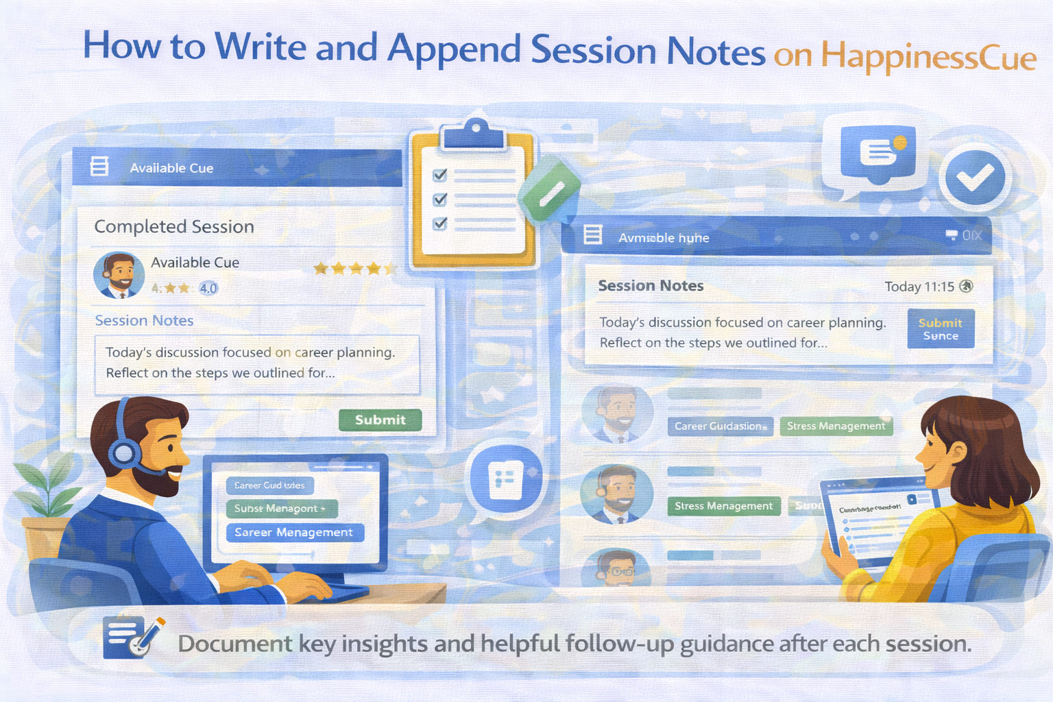 How to Write and Append Session Notes on HappinessCue